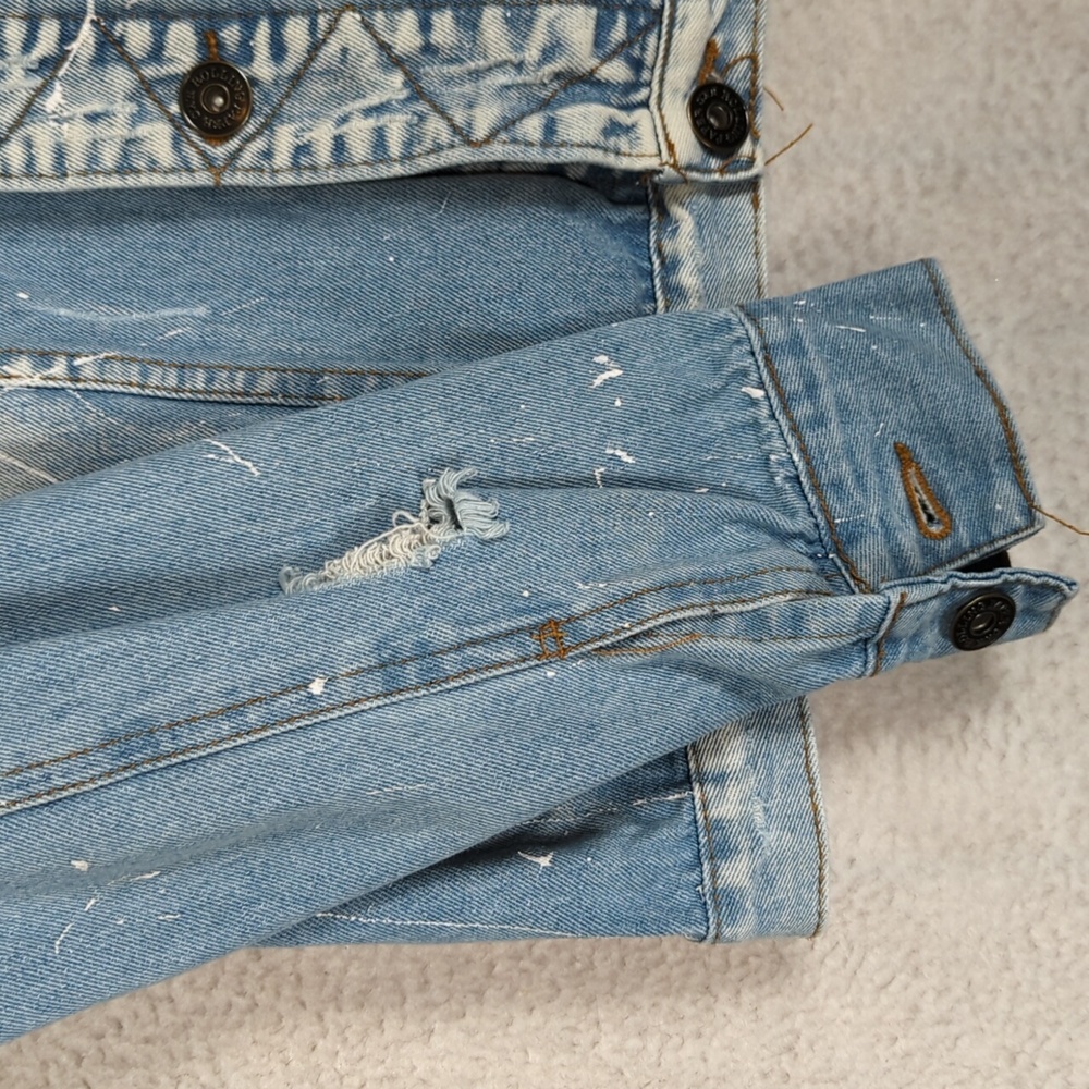 Rolling Paper Women's Blue Distressed Paint Flecked Denim Jacket Size‎ M - Picture 2 of 8